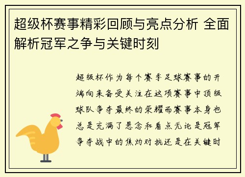 超级杯赛事精彩回顾与亮点分析 全面解析冠军之争与关键时刻
